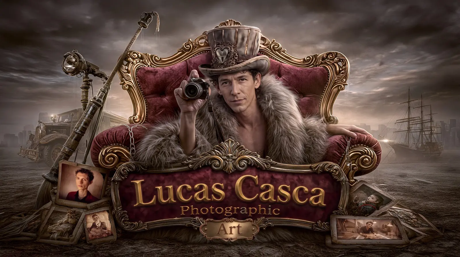 Lucas Casca — Photographic Art. Self-portrait on a gilt throne, camera raised.